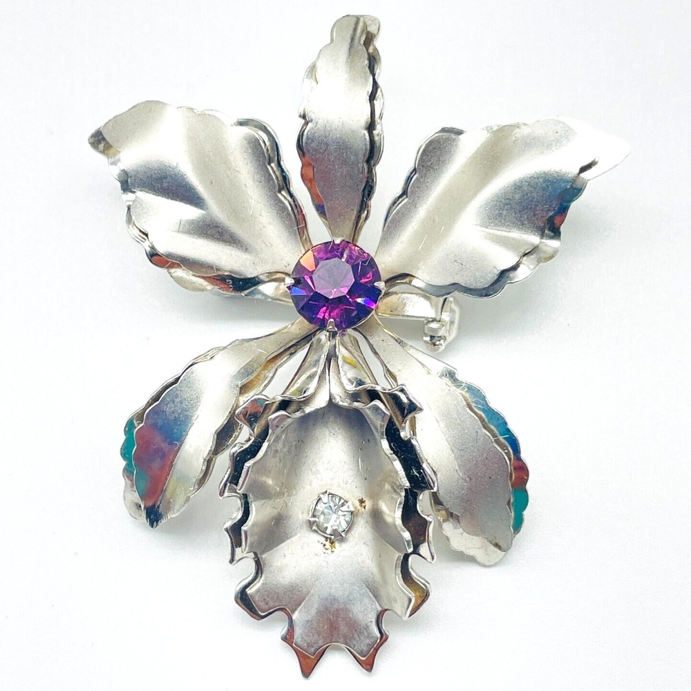 Vintage Silver Tone Brooch  Orchid Flower Rhinestone Floral Pin Statement